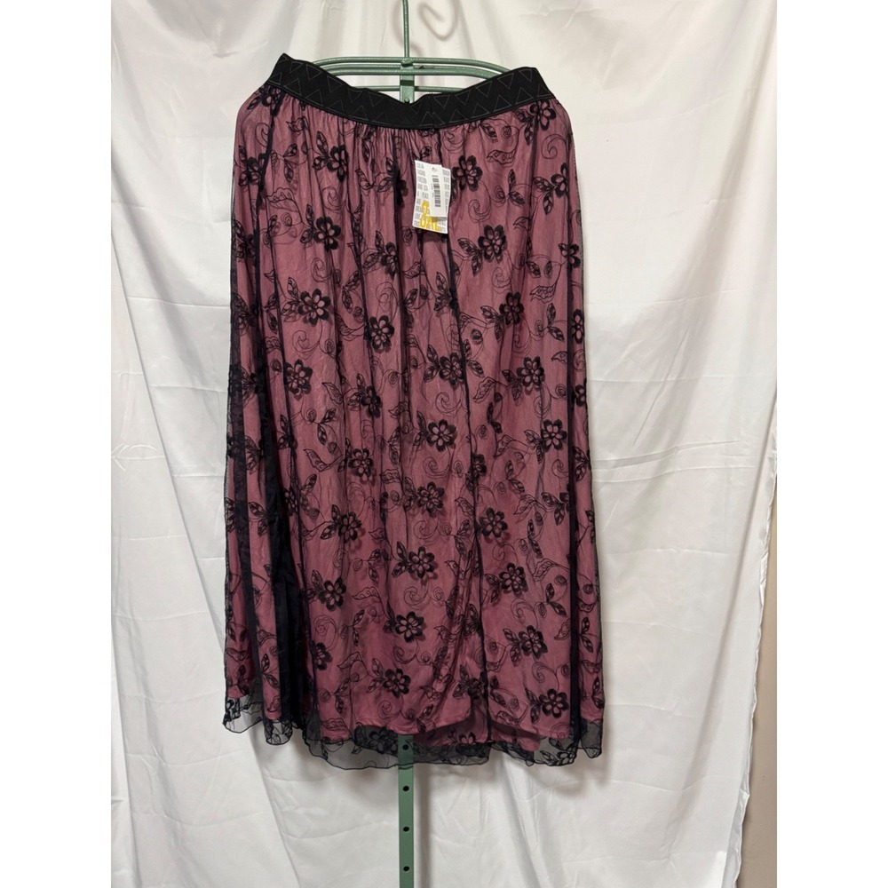 LuLaRoe Lucy Skirt 3XL Black Floral Mesh Overlay Mauve Pink Midi NWT